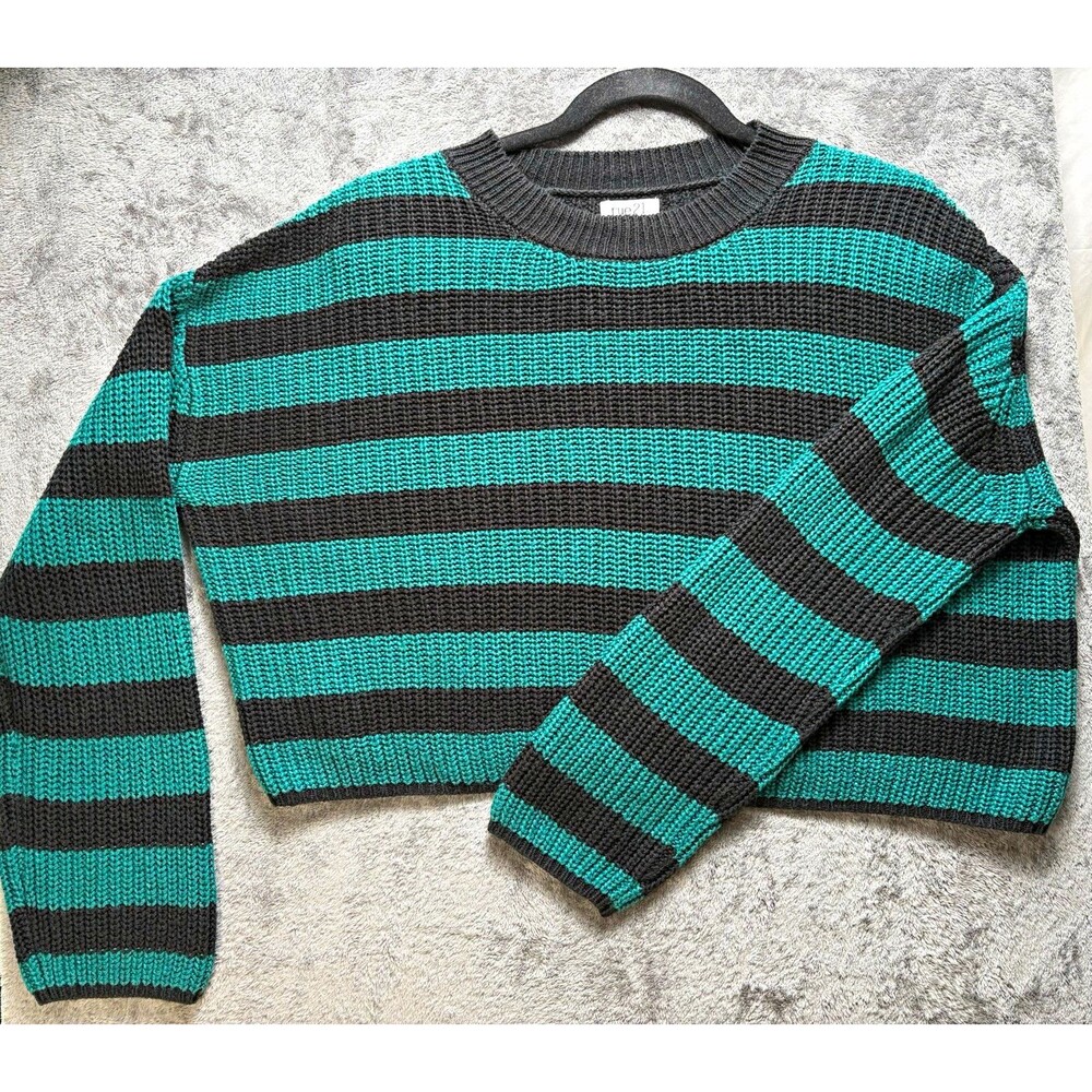 rue21 Women's Striped Knit Pullover Sweater Crew Neck Long Sleeve Green Black M